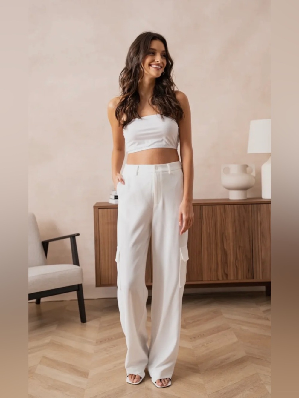 Wide-Leg Cargo Pants in White - High-Rise Comfort NWT